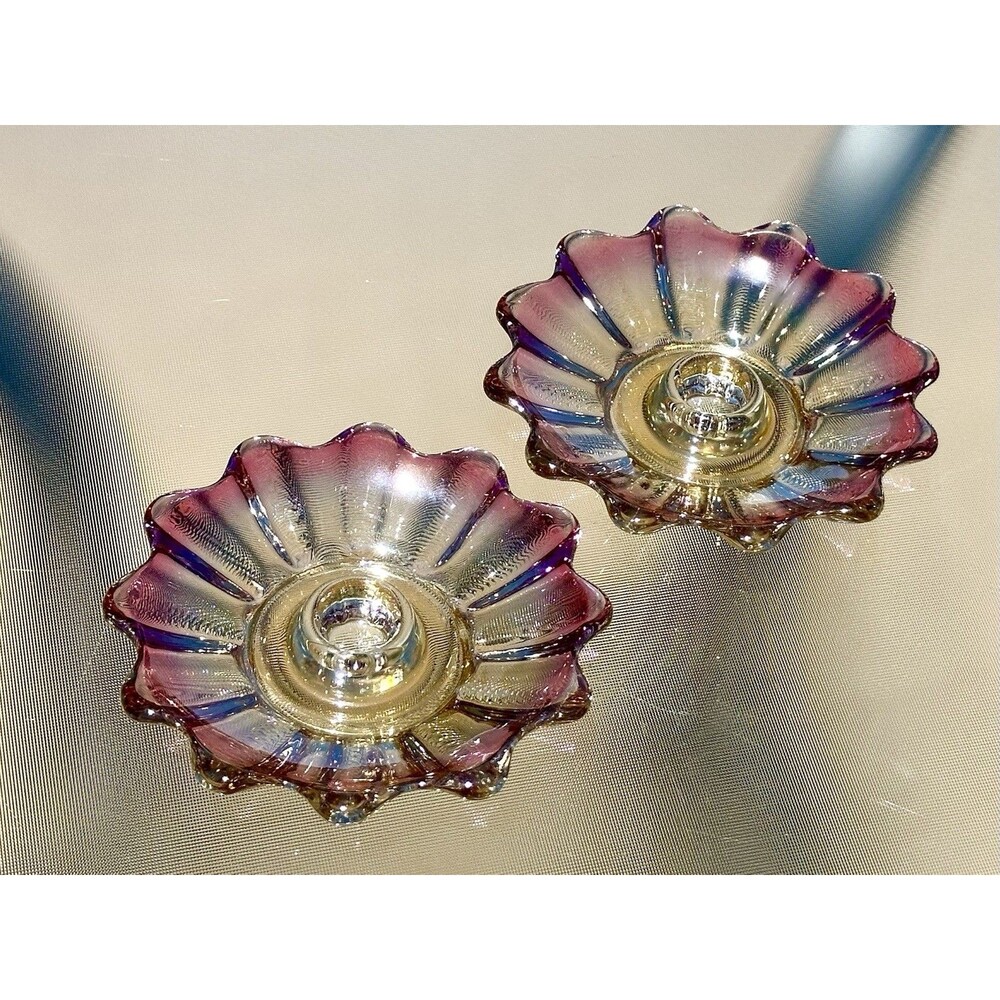 VTG FEDERAL GLASS Iridescent Celestial Taper Candle Holders Ruffled Edge Pair